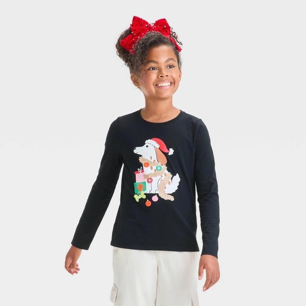 Girls' Long Sleeve 'Dog Presents' Graphic T-Shirt - Cat u0026 Jack™ Black M